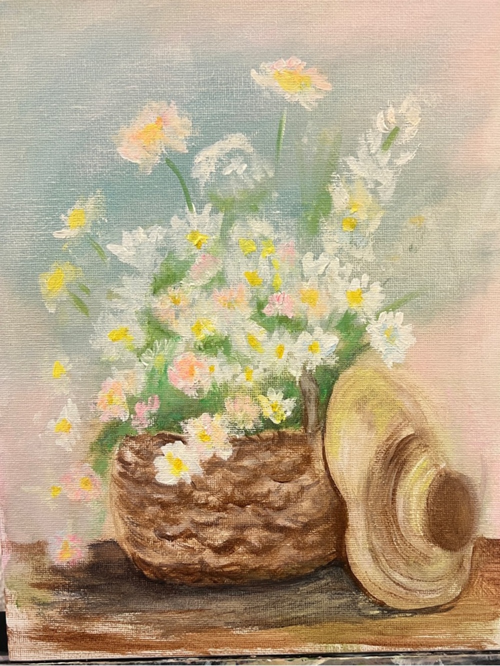 Original hand painted flower basket, summer vibe wall decor